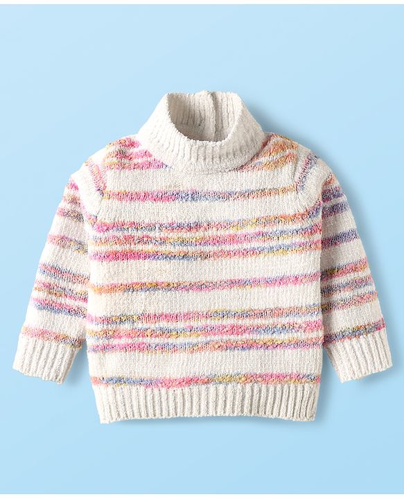 Babyhug Knitted Full Sleeves High Neck Striped Pullover Sweater - White