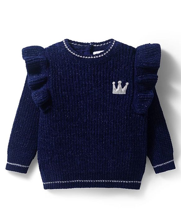 Babyhug Knitted Full Sleeves Pullover Sweater With Crown Embroidery - Navy Blue
