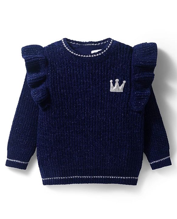 Babyhug Knitted Full Sleeves Pullover Sweater With Crown Embroidery - Navy Blue
