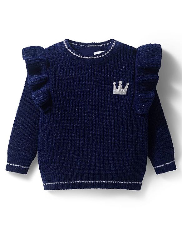 Babyhug Knitted Full Sleeves Pullover Sweater With Crown Embroidery - Navy Blue