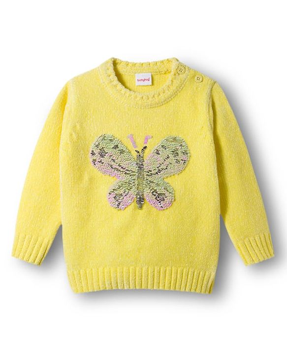 Babyhug Knit Full Sleeves Pullover with Butterfly Sequin Design - Lemon Yellow