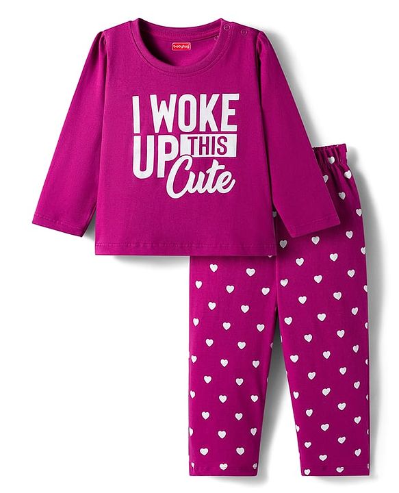 Babyhug Cotton Knit Full Sleeves Night Suit With Text & Heart Print - Purple