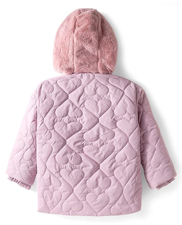 Babyhug Woven Full Sleeves Soft Fur Hooded Heart Quilted Jacket - Pink