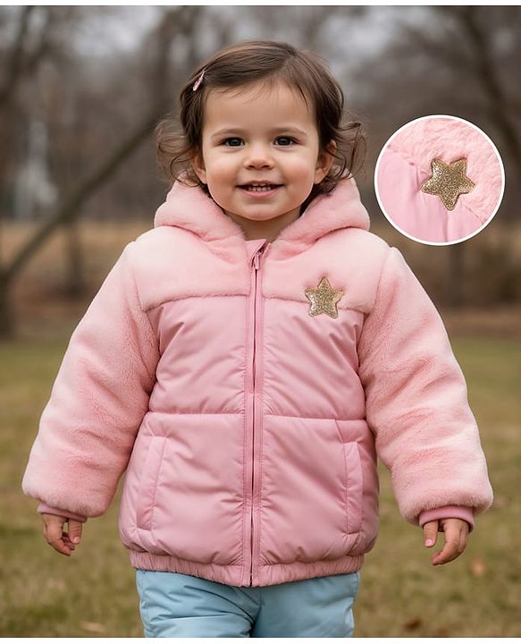 Babyhug Woven Full Sleeves Hooded Padded Jacket With Star Patch & Fur Detailing - Pink