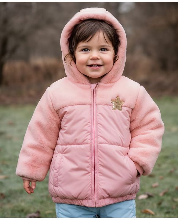 Babyhug Woven Full Sleeves Hooded Padded Jacket With Star Patch & Fur Detailing - Pink