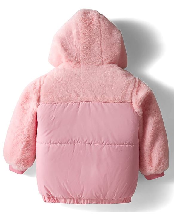 Babyhug Woven Full Sleeves Hooded Padded Jacket With Star Patch & Fur Detailing - Pink