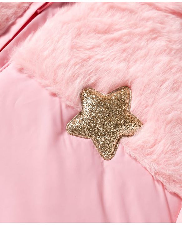 Babyhug Woven Full Sleeves Hooded Padded Jacket With Star Patch & Fur Detailing - Pink