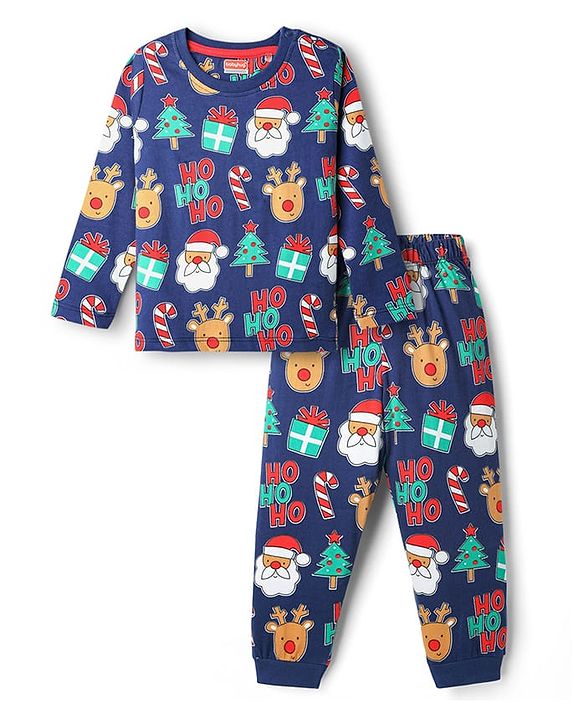 Babyhug Cotton Knit Full Sleeve Co-Ord Night Suit with Christmas Print - Navy Blue