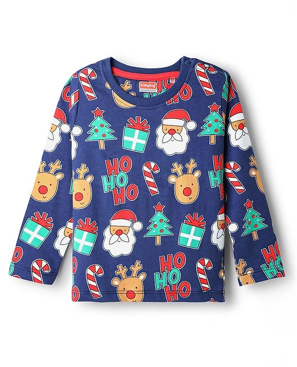 Babyhug Cotton Knit Full Sleeve Co-Ord Night Suit with Christmas Print - Navy Blue