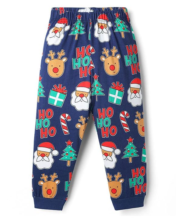 Babyhug Cotton Knit Full Sleeve Co-Ord Night Suit with Christmas Print - Navy Blue