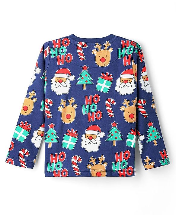 Babyhug Cotton Knit Full Sleeve Co-Ord Night Suit with Christmas Print - Navy Blue