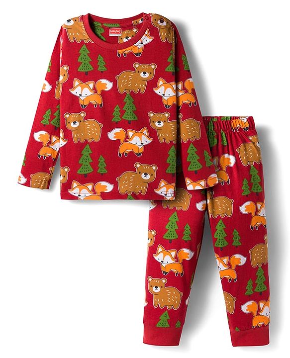 Babyhug Cotton Knit Full Sleeves Co-ords Night Suit With Animal Print - Brown