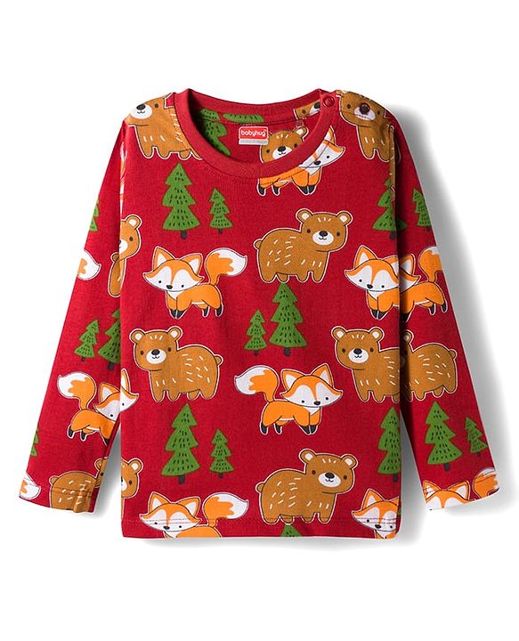 Babyhug Cotton Knit Full Sleeves Co-ords Night Suit With Animal Print - Brown