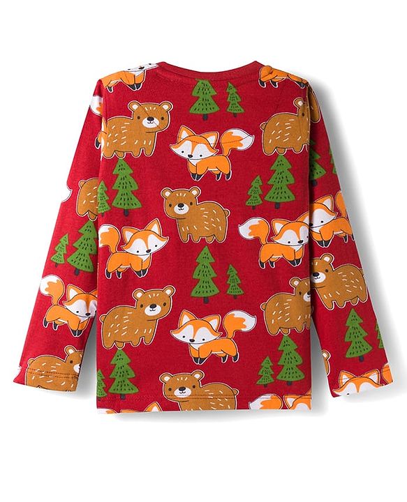 Babyhug Cotton Knit Full Sleeves Co-ords Night Suit With Animal Print - Brown