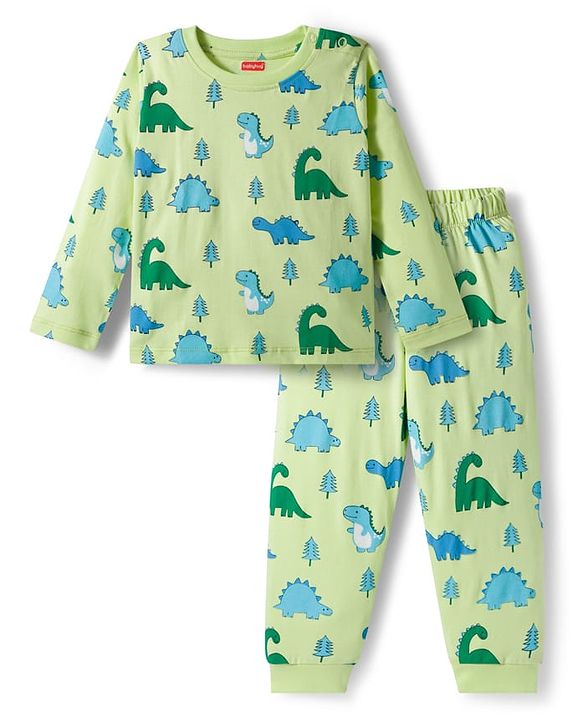 Babyhug Cotton Knit Full Sleeves Co-ords Night Suit With Dino Print - Green