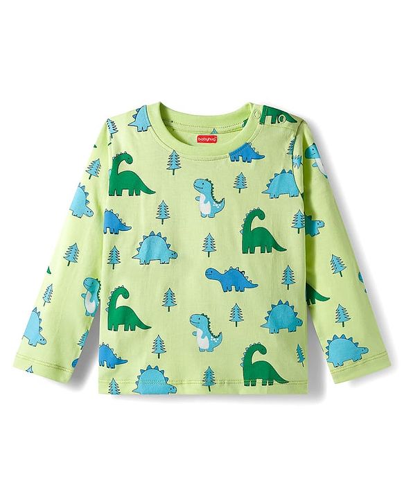 Babyhug Cotton Knit Full Sleeves Co-ords Night Suit With Dino Print - Green