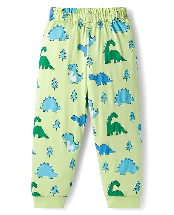 Babyhug Cotton Knit Full Sleeves Co-ords Night Suit With Dino Print - Green