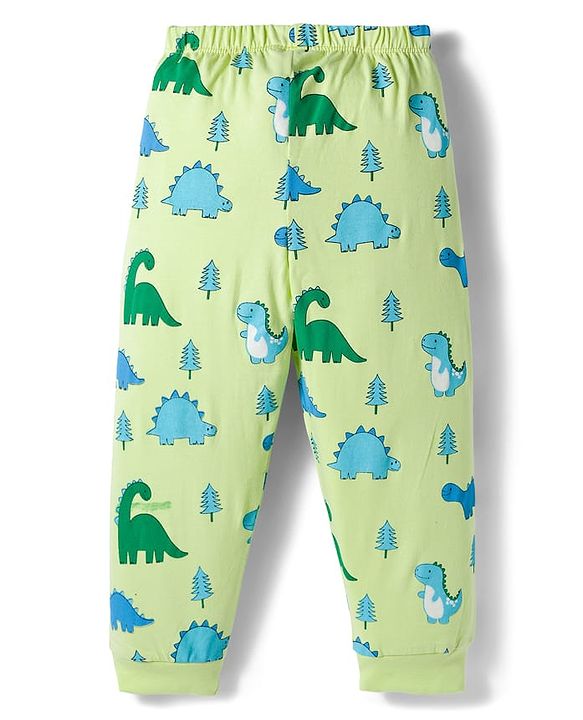 Babyhug Cotton Knit Full Sleeves Co-ords Night Suit With Dino Print - Green