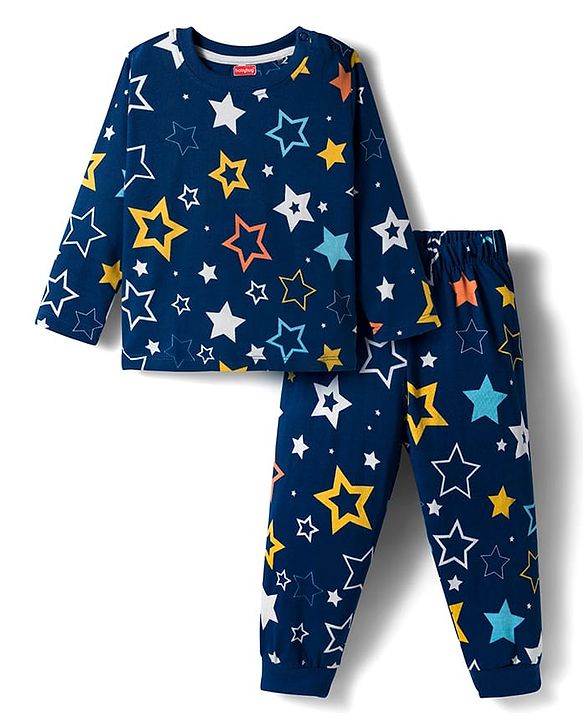 Babyhug Cotton Knit Full Sleeves Co-ords Night Suit With Star Print - Blue