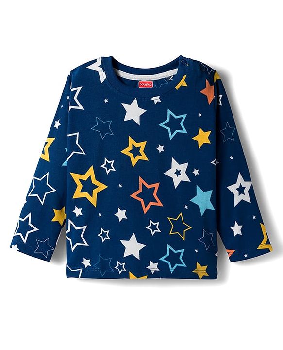 Babyhug Cotton Knit Full Sleeves Co-ords Night Suit With Star Print - Blue