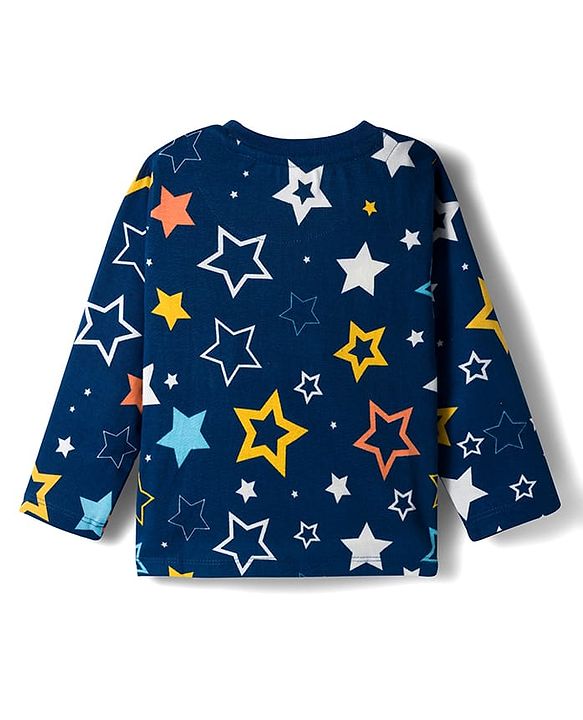 Babyhug Cotton Knit Full Sleeves Co-ords Night Suit With Star Print - Blue