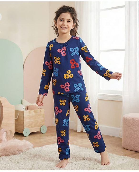 Pine Kids Cotton Knit Full Sleeves Co-ords Night Suit with Floral Print - Navy Blue