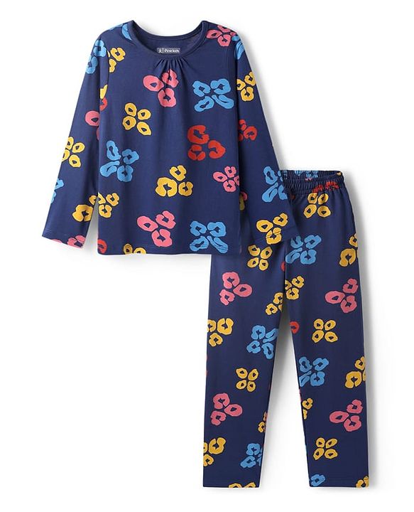 Pine Kids Cotton Knit Full Sleeves Co-ords Night Suit with Floral Print - Navy Blue