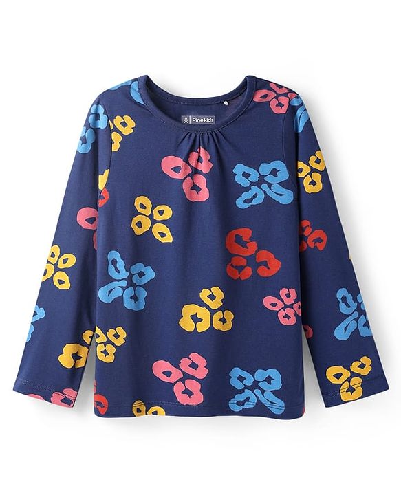 Pine Kids Cotton Knit Full Sleeves Co-ords Night Suit with Floral Print - Navy Blue