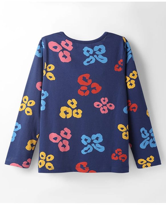 Pine Kids Cotton Knit Full Sleeves Co-ords Night Suit with Floral Print - Navy Blue