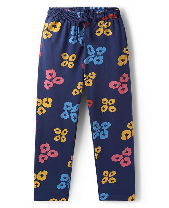 Pine Kids Cotton Knit Full Sleeves Co-ords Night Suit with Floral Print - Navy Blue