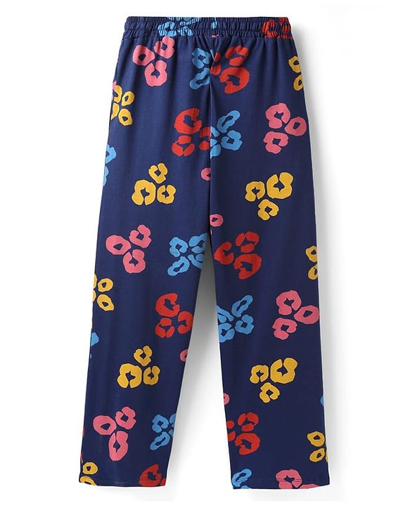 Pine Kids Cotton Knit Full Sleeves Co-ords Night Suit with Floral Print - Navy Blue