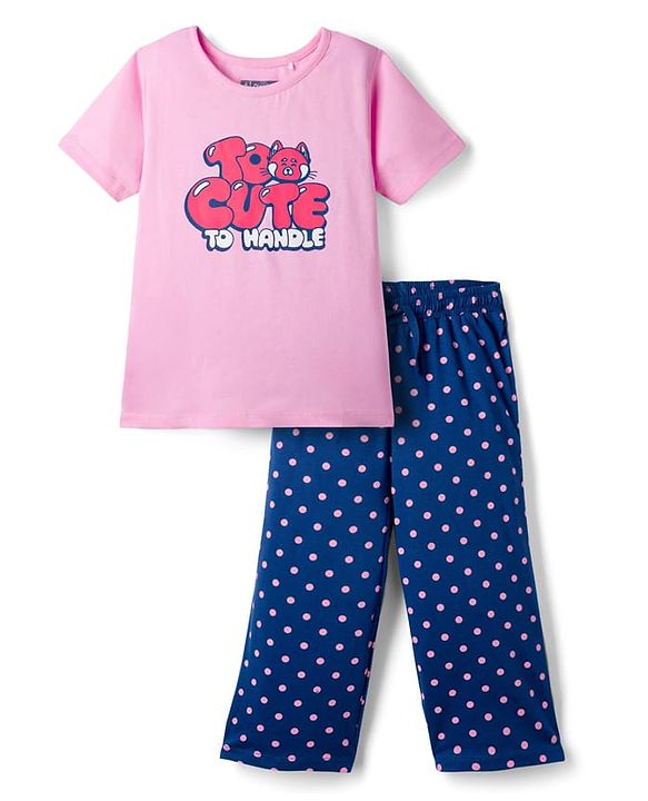 Pine Kids Cotton Knit Half Sleeves Capri Night Suit With Text Print - Pink & Blue
