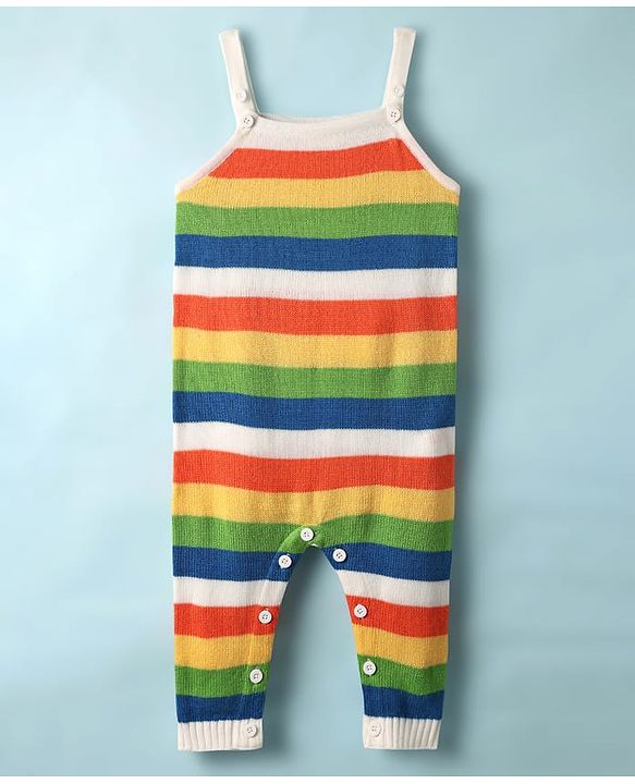 Babyhug Sweater Knit Winter Wear Striped Dungaree Styled Romper & Full Sleeves Inner Tee - Multicolor