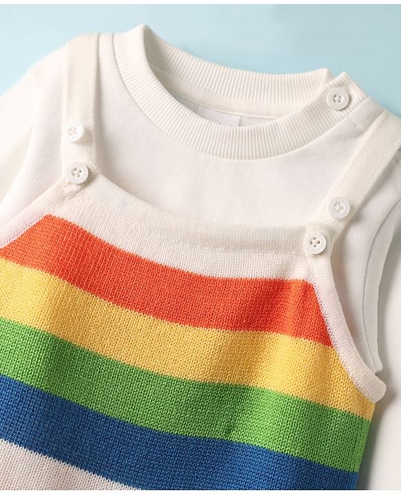 Babyhug Sweater Knit Winter Wear Striped Dungaree Styled Romper & Full Sleeves Inner Tee - Multicolor
