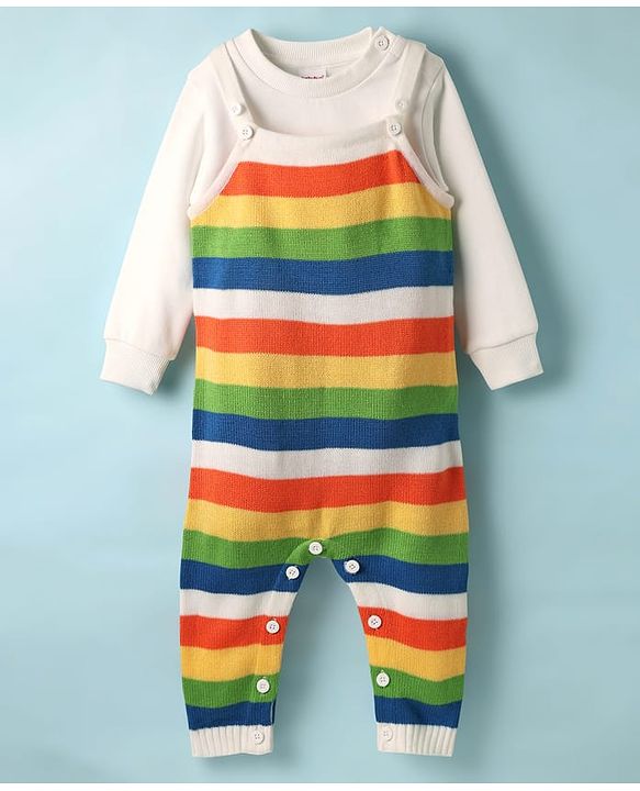 Babyhug Sweater Knit Winter Wear Striped Dungaree Styled Romper & Full Sleeves Inner Tee - Multicolor
