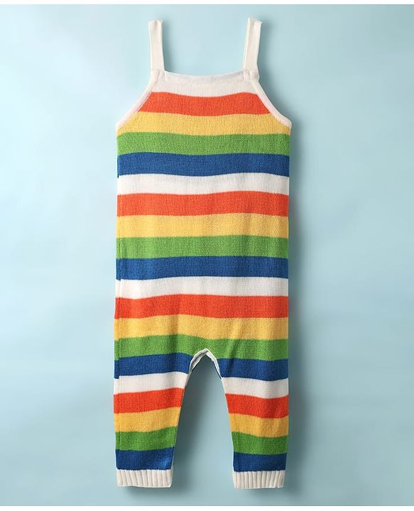 Babyhug Sweater Knit Winter Wear Striped Dungaree Styled Romper & Full Sleeves Inner Tee - Multicolor