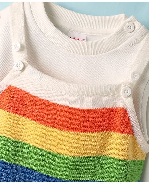 Babyhug Sweater Knit Winter Wear Striped Dungaree Styled Romper & Full Sleeves Inner Tee - Multicolor