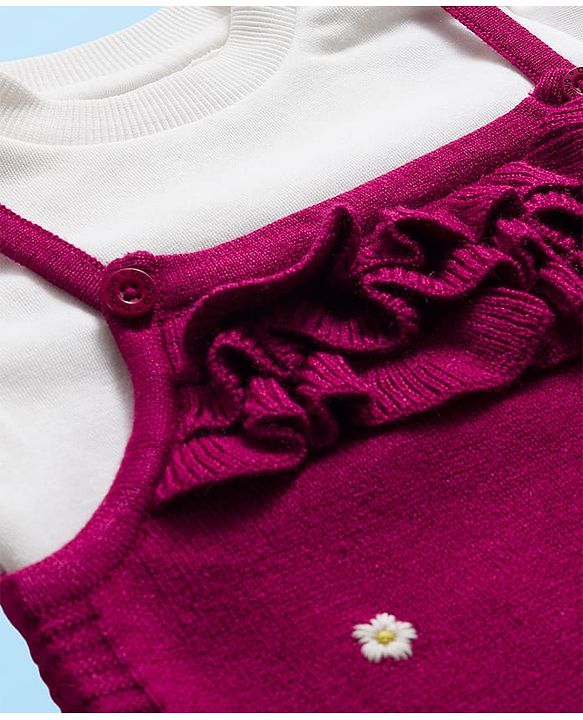 Babyhug Sweater Knit Winter Wear Dungaree Style Romper & Full Sleeves Inner Tee with Floral Embroidery - Maroon