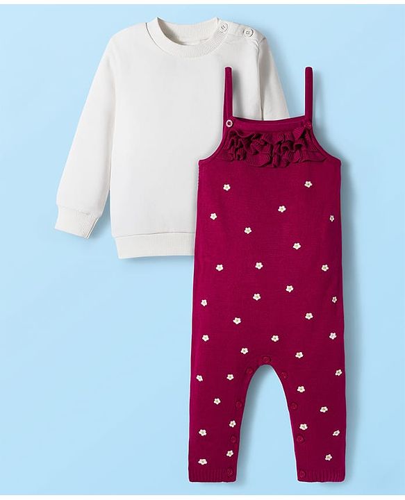 Babyhug Sweater Knit Winter Wear Dungaree Style Romper & Full Sleeves Inner Tee with Floral Embroidery - Maroon