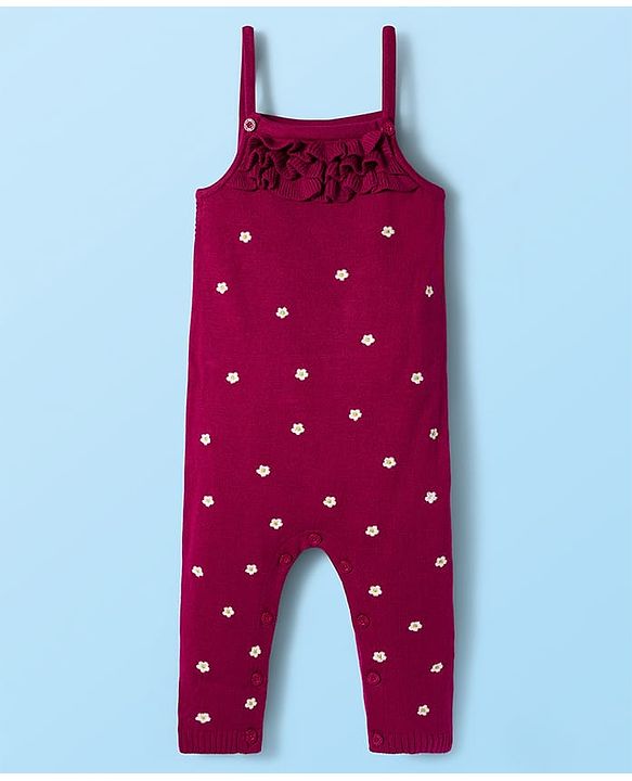 Babyhug Sweater Knit Winter Wear Dungaree Style Romper & Full Sleeves Inner Tee with Floral Embroidery - Maroon
