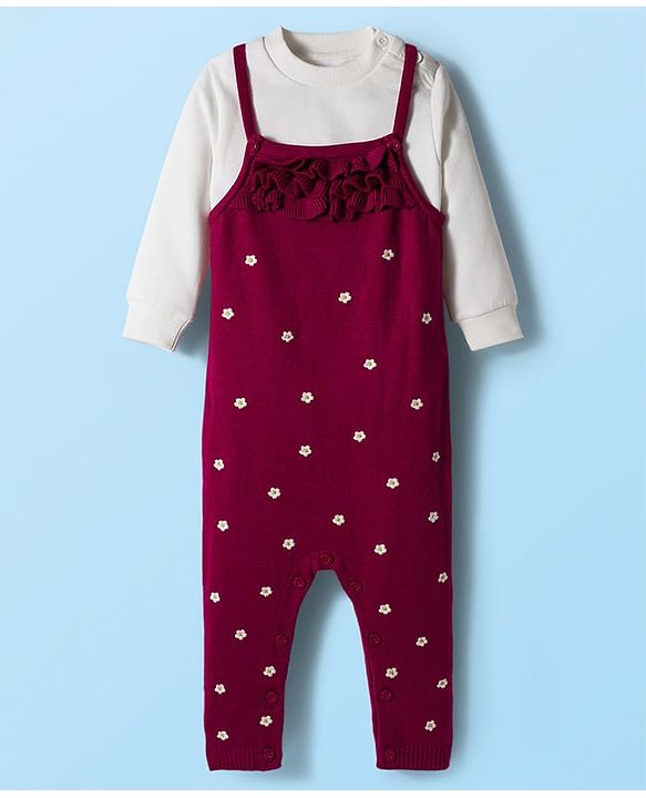 Babyhug Sweater Knit Winter Wear Dungaree Style Romper & Full Sleeves Inner Tee with Floral Embroidery - Maroon