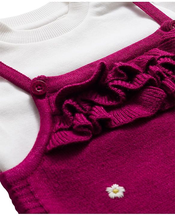 Babyhug Sweater Knit Winter Wear Dungaree Style Romper & Full Sleeves Inner Tee with Floral Embroidery - Maroon