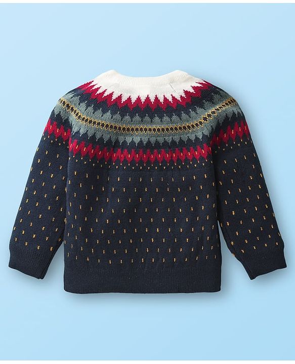 Babyhug Knit Full Raglan Sleeves Pullover Sweater with chevron Design - Navy Blue
