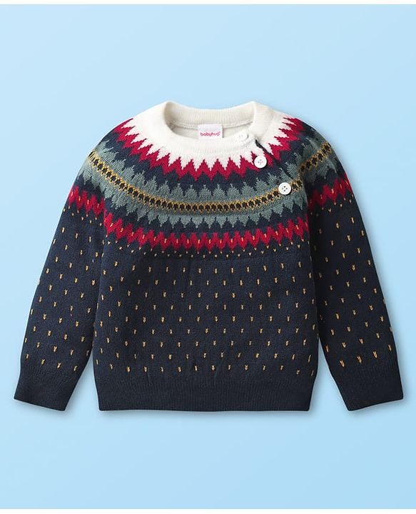 Babyhug Knit Full Raglan Sleeves Pullover Sweater with chevron Design - Navy Blue