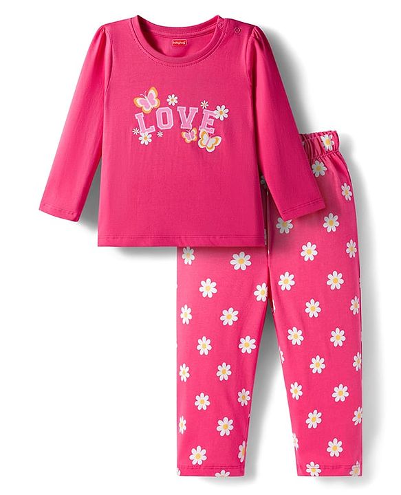 Babyhug Cotton Knit Full Sleeves Night Suit With Floral & Text Print - Pink