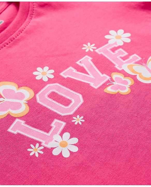 Babyhug Cotton Knit Full Sleeves Night Suit With Floral & Text Print - Pink