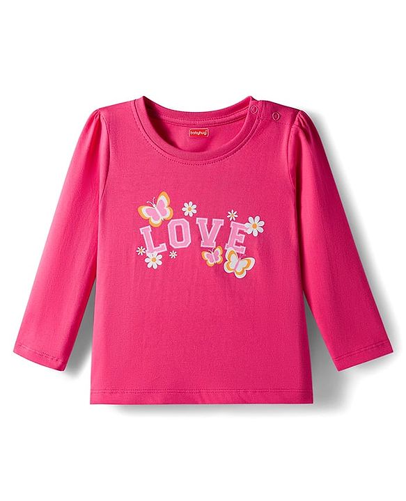 Babyhug Cotton Knit Full Sleeves Night Suit With Floral & Text Print - Pink
