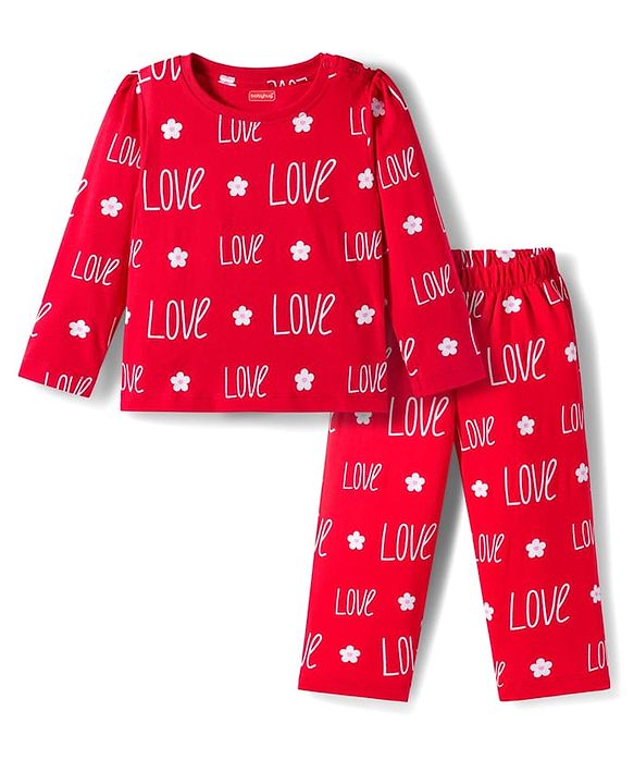 Babyhug Cotton Knit Full Sleeves Co-ords Night Suit With Text Print - Red