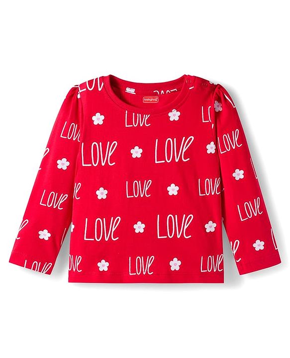 Babyhug Cotton Knit Full Sleeves Co-ords Night Suit With Text Print - Red