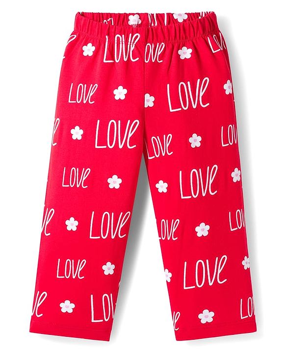 Babyhug Cotton Knit Full Sleeves Co-ords Night Suit With Text Print - Red